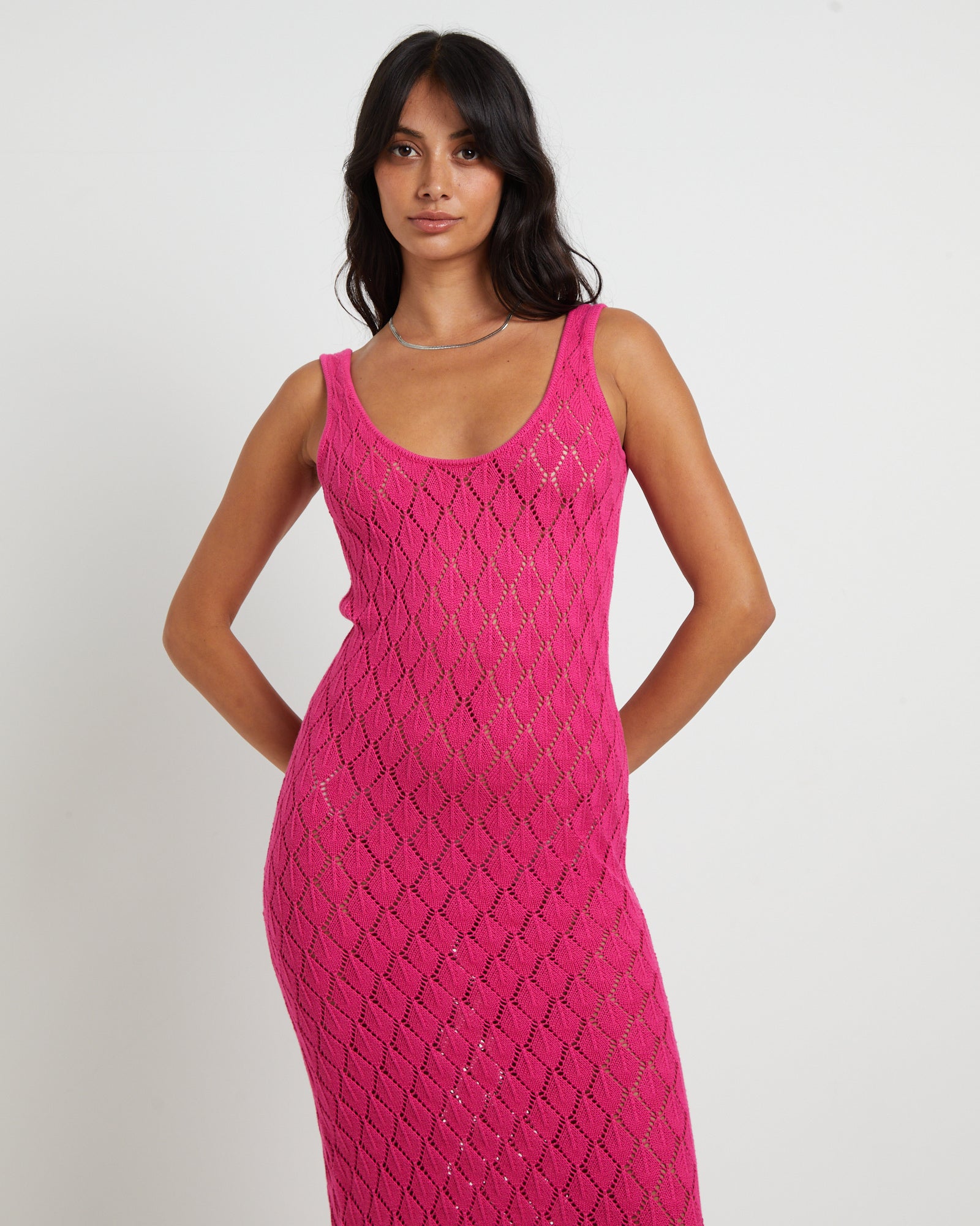 Premium Pink Bodie Crochet Midi Backless Dress