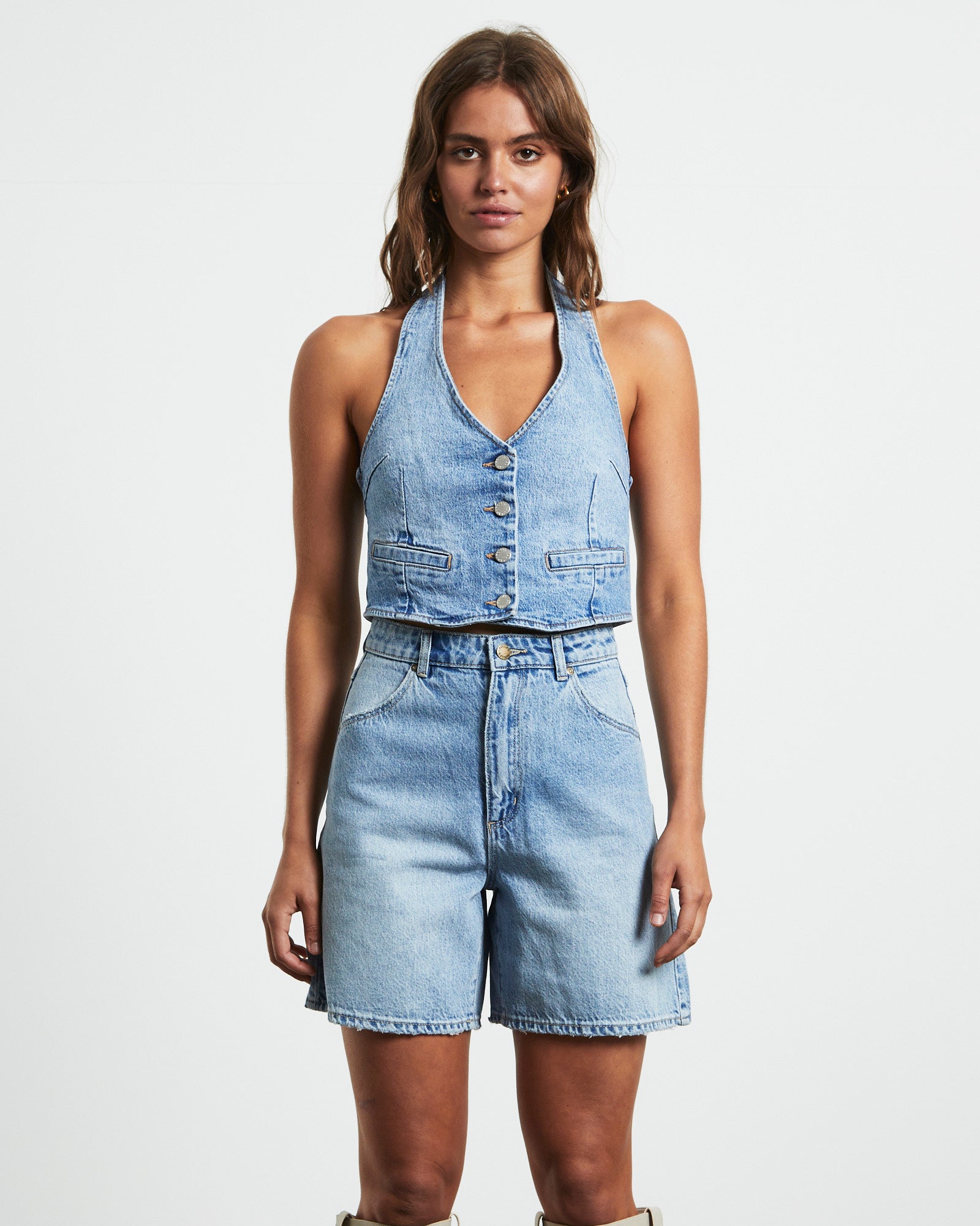 Premium Halter Denim Vest in Bessette Blue - Upgrade Your Look