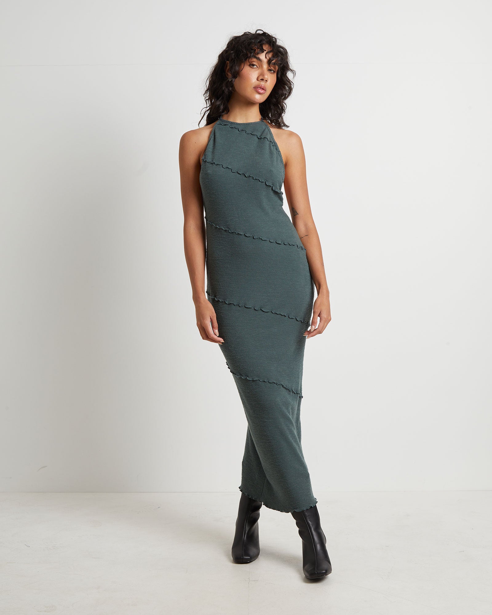 Premium Daphne Slate Backless Halter Maxi Dress
