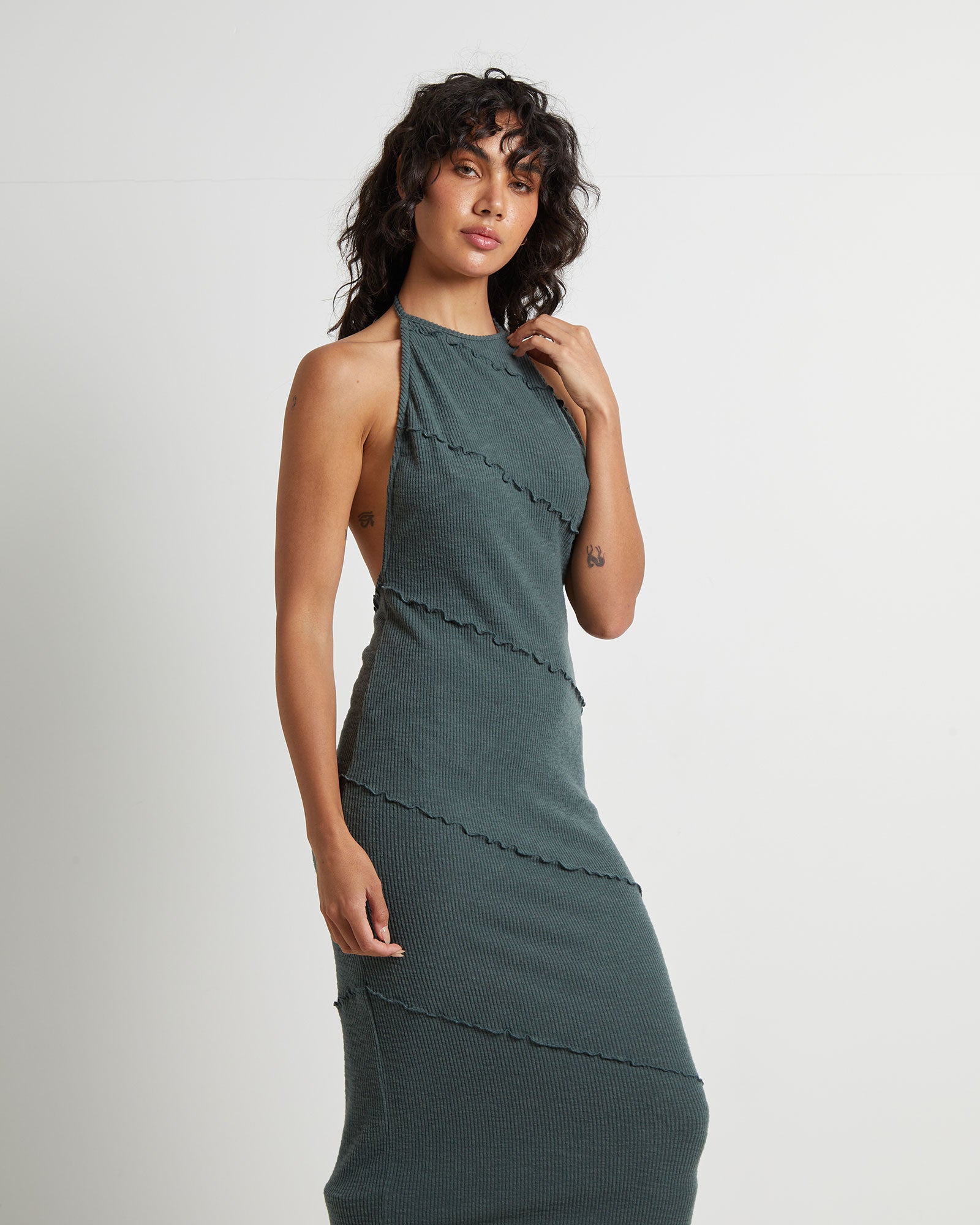 Premium Daphne Slate Backless Halter Maxi Dress