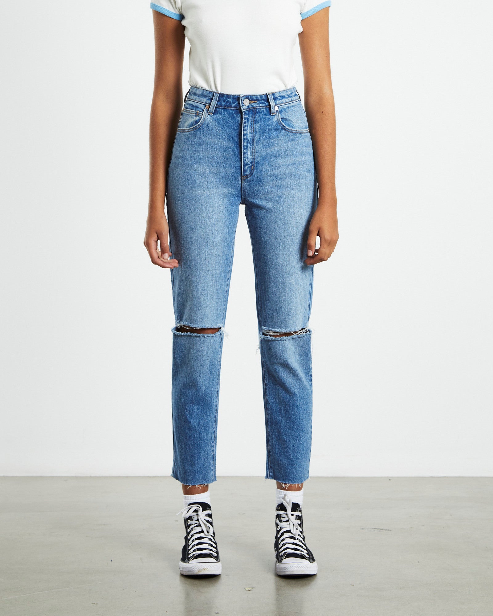 Premium A 94 High Rise Slim Leg Ripped Jeans in Mila Organic Blue