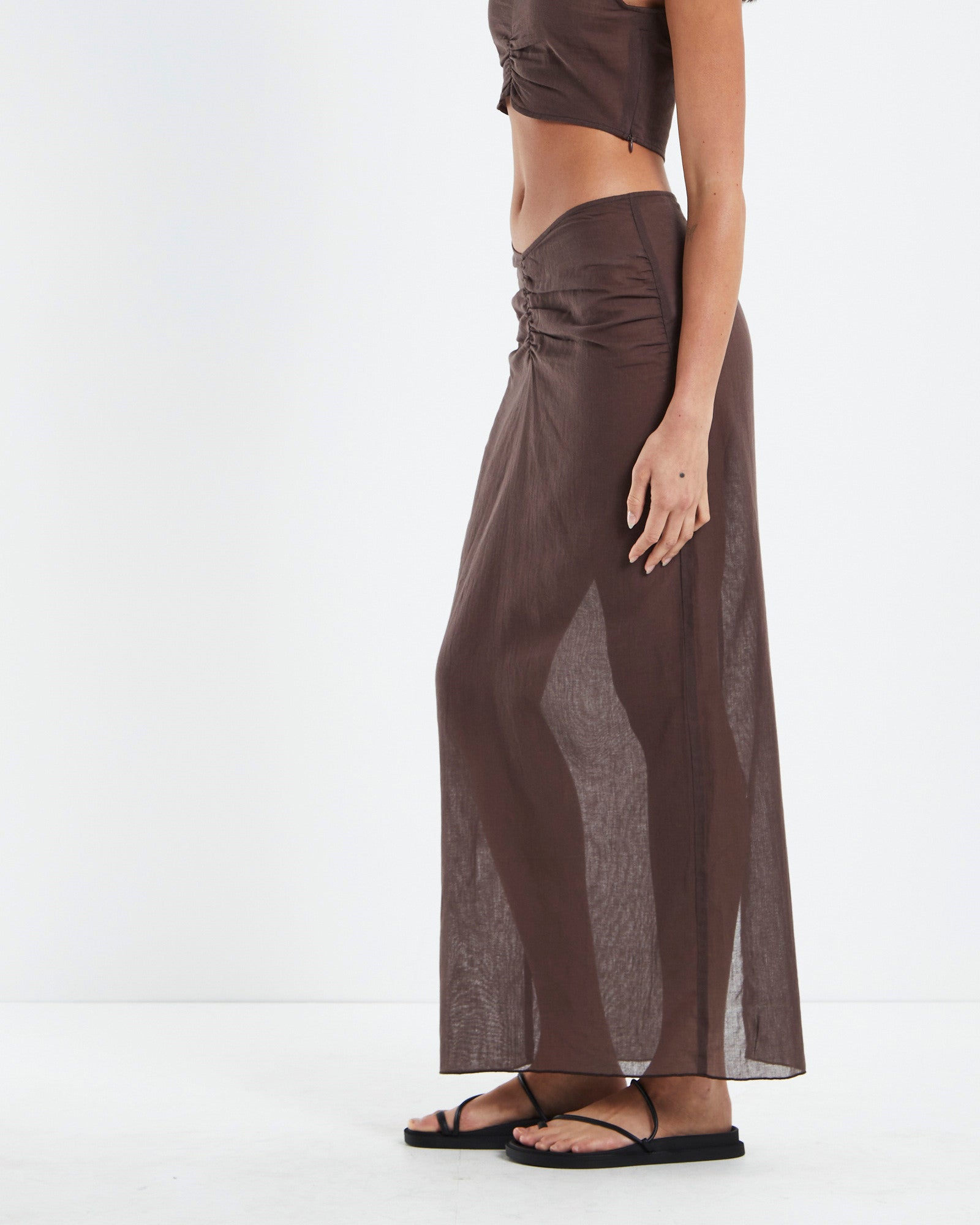 Premium Solana Gather Front Midi Skirt in Brown