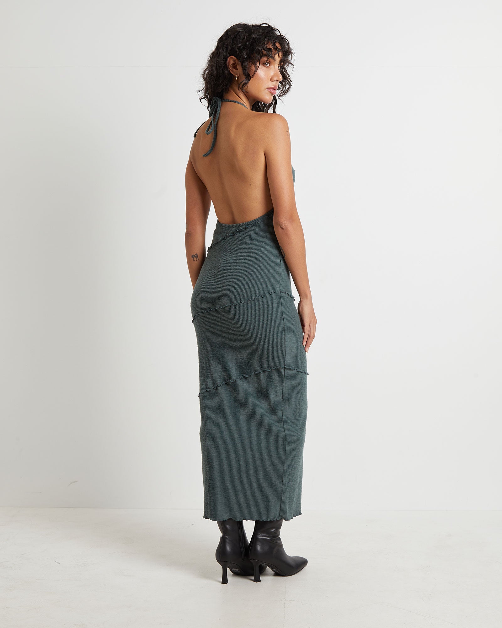 Premium Daphne Slate Backless Halter Maxi Dress