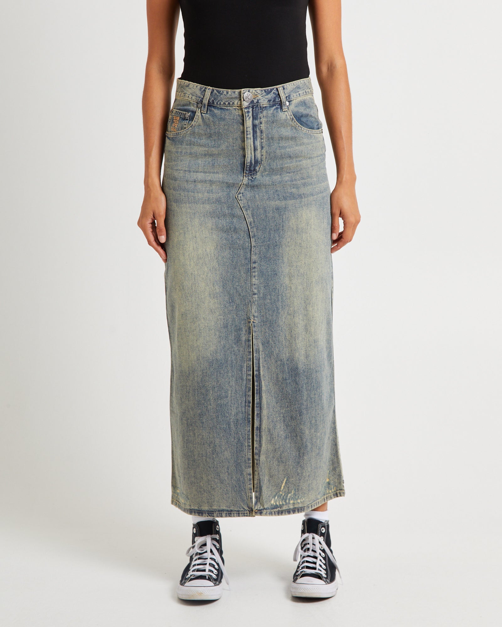Premium High Waisted Distressed Denim Column Skirt