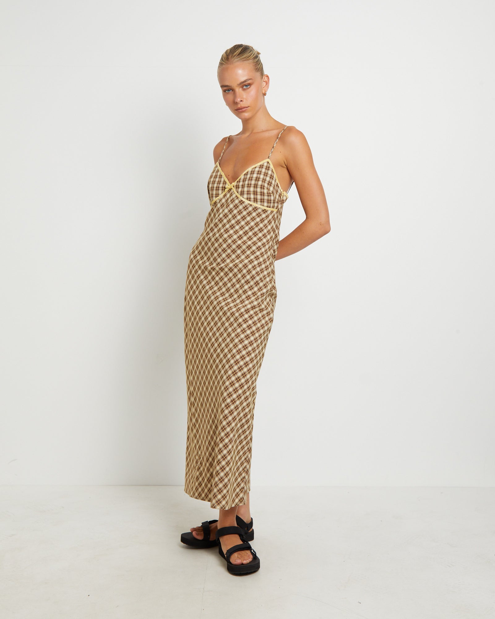 Premium Jenny Plaid Bias Midi Dress in Assorted
