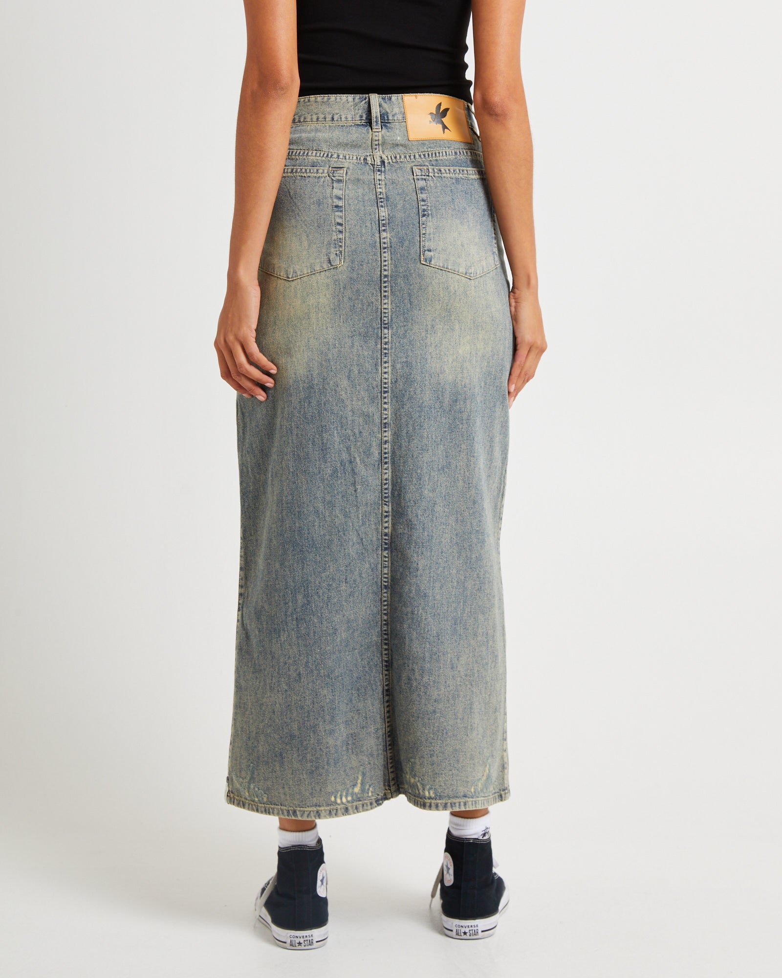 Premium High Waisted Distressed Denim Column Skirt