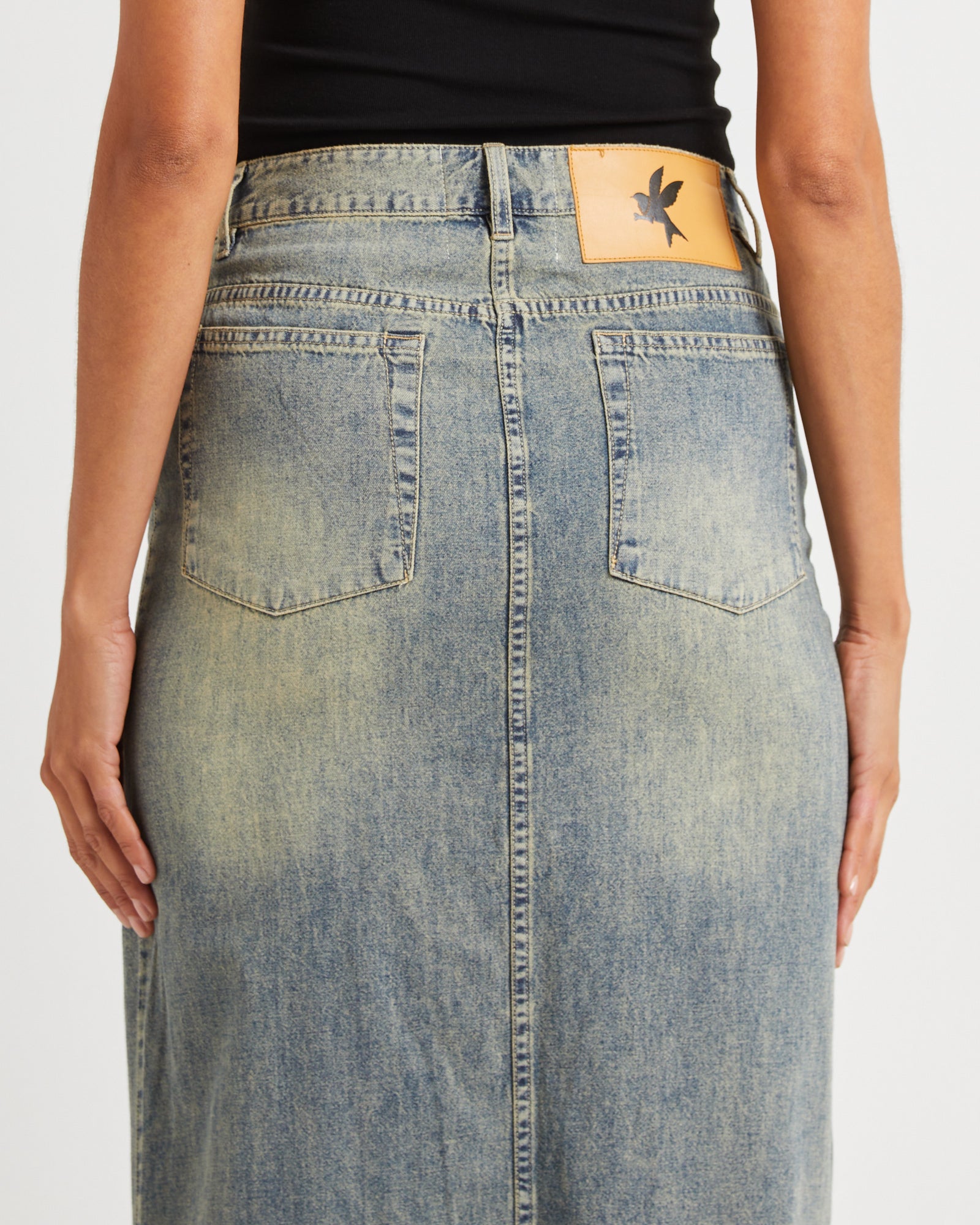 Premium High Waisted Distressed Denim Column Skirt