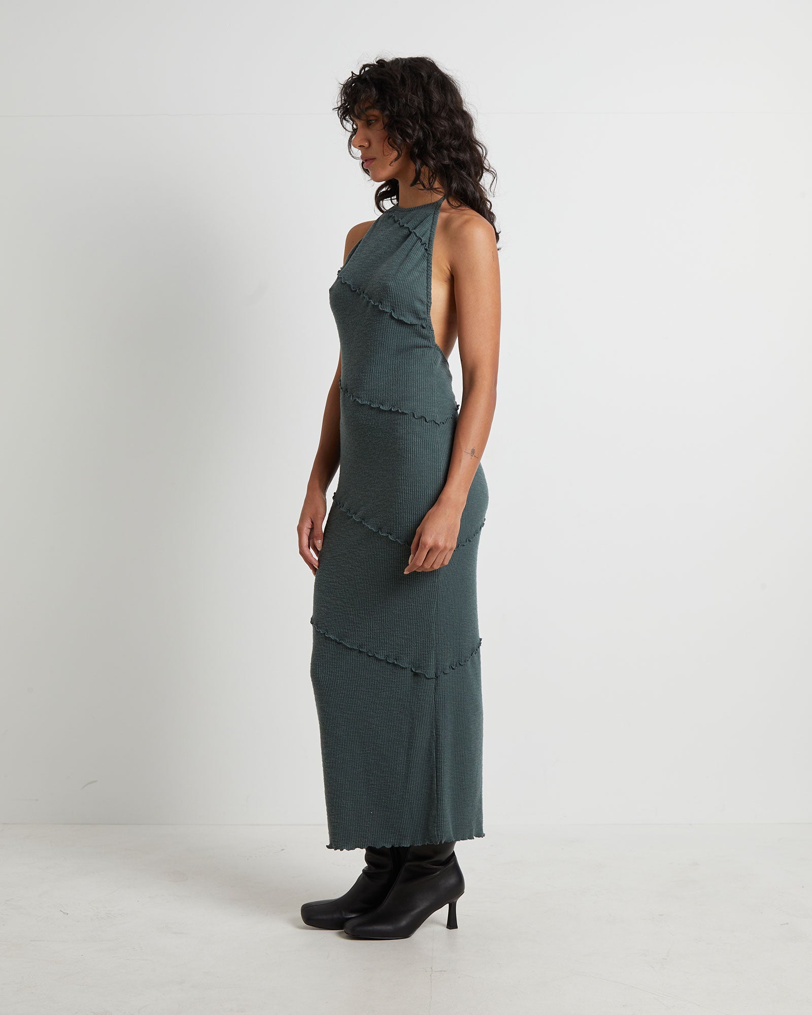 Premium Daphne Slate Backless Halter Maxi Dress