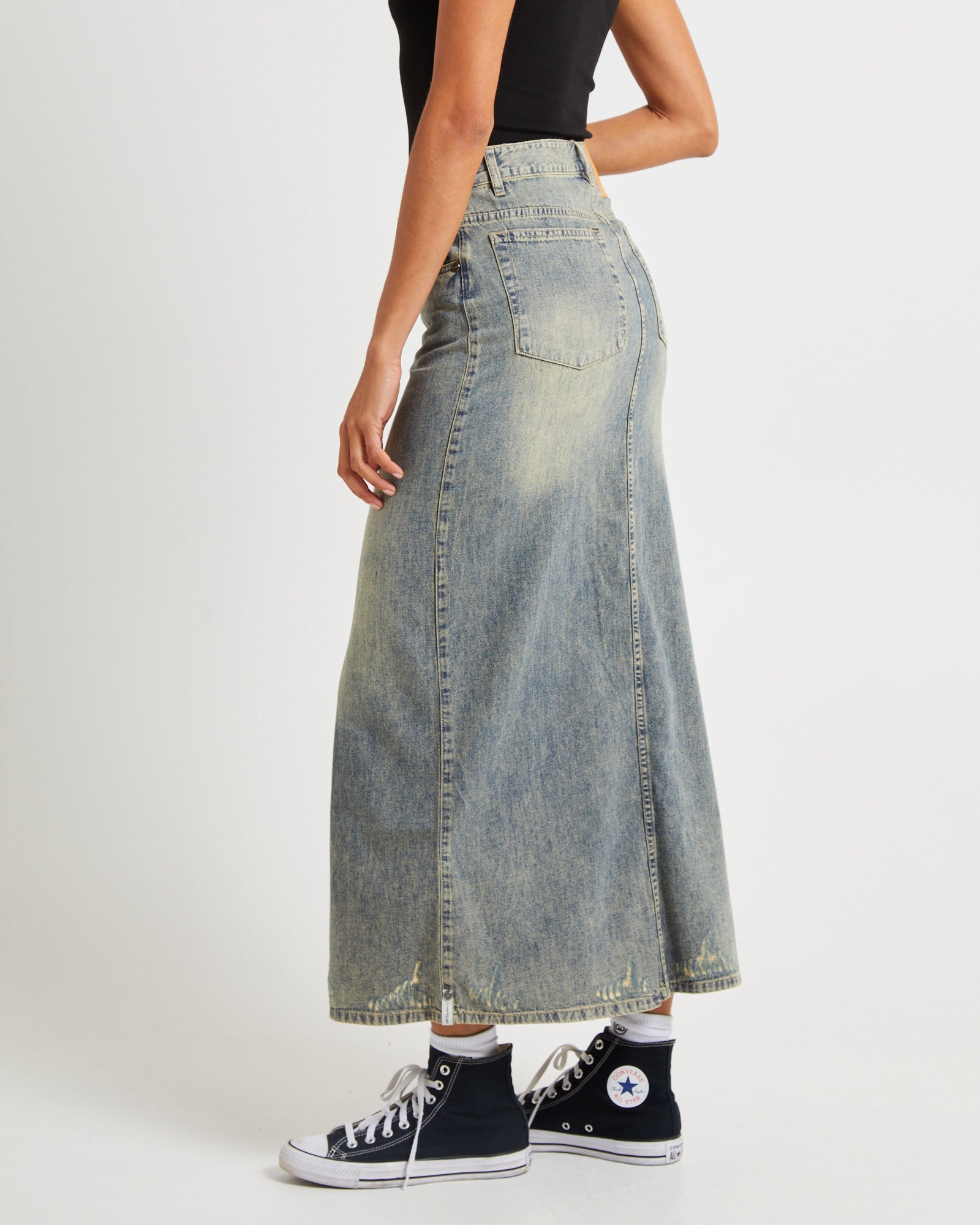 Premium High Waisted Distressed Denim Column Skirt