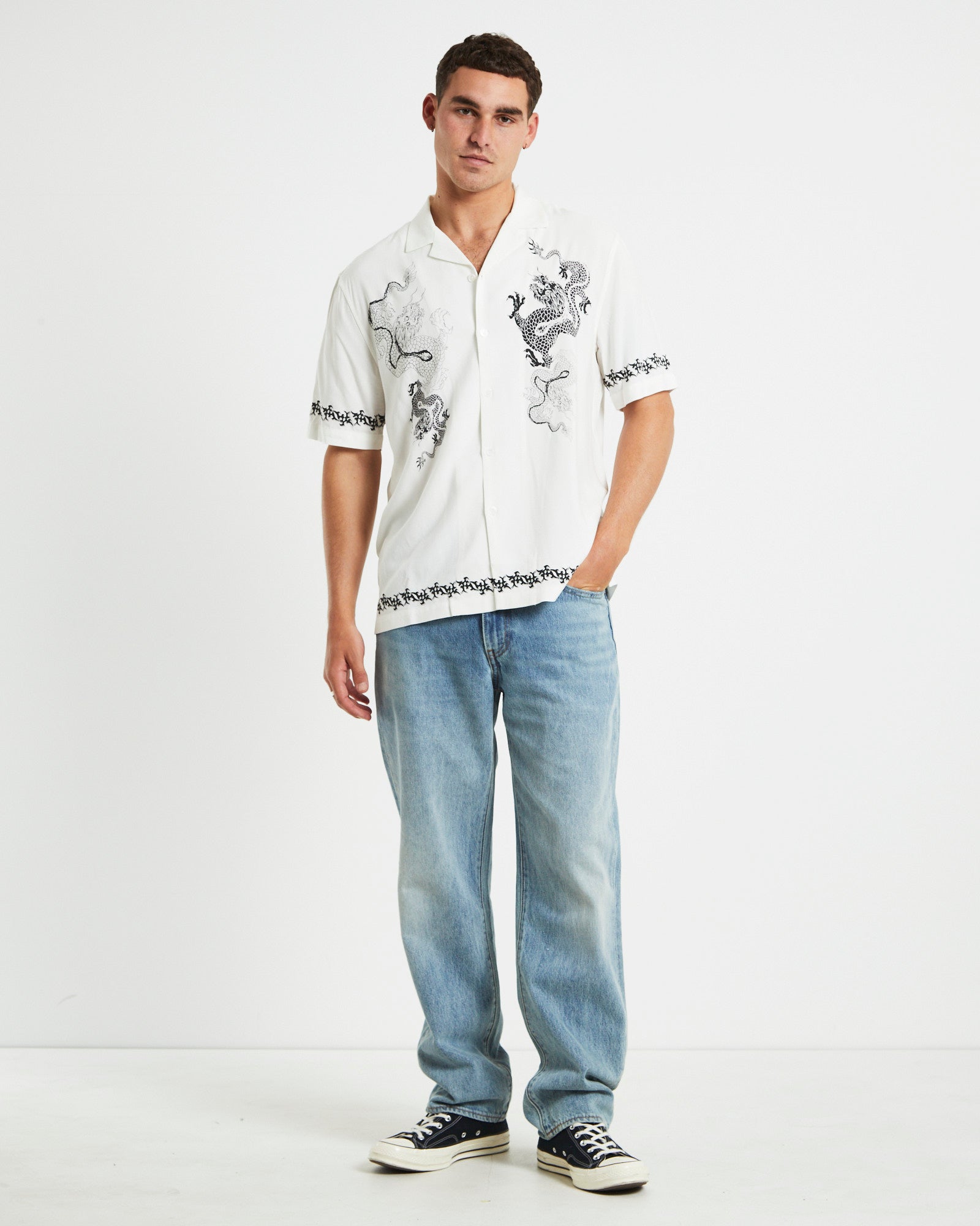 Premium White Dragon Print Resort Shirt