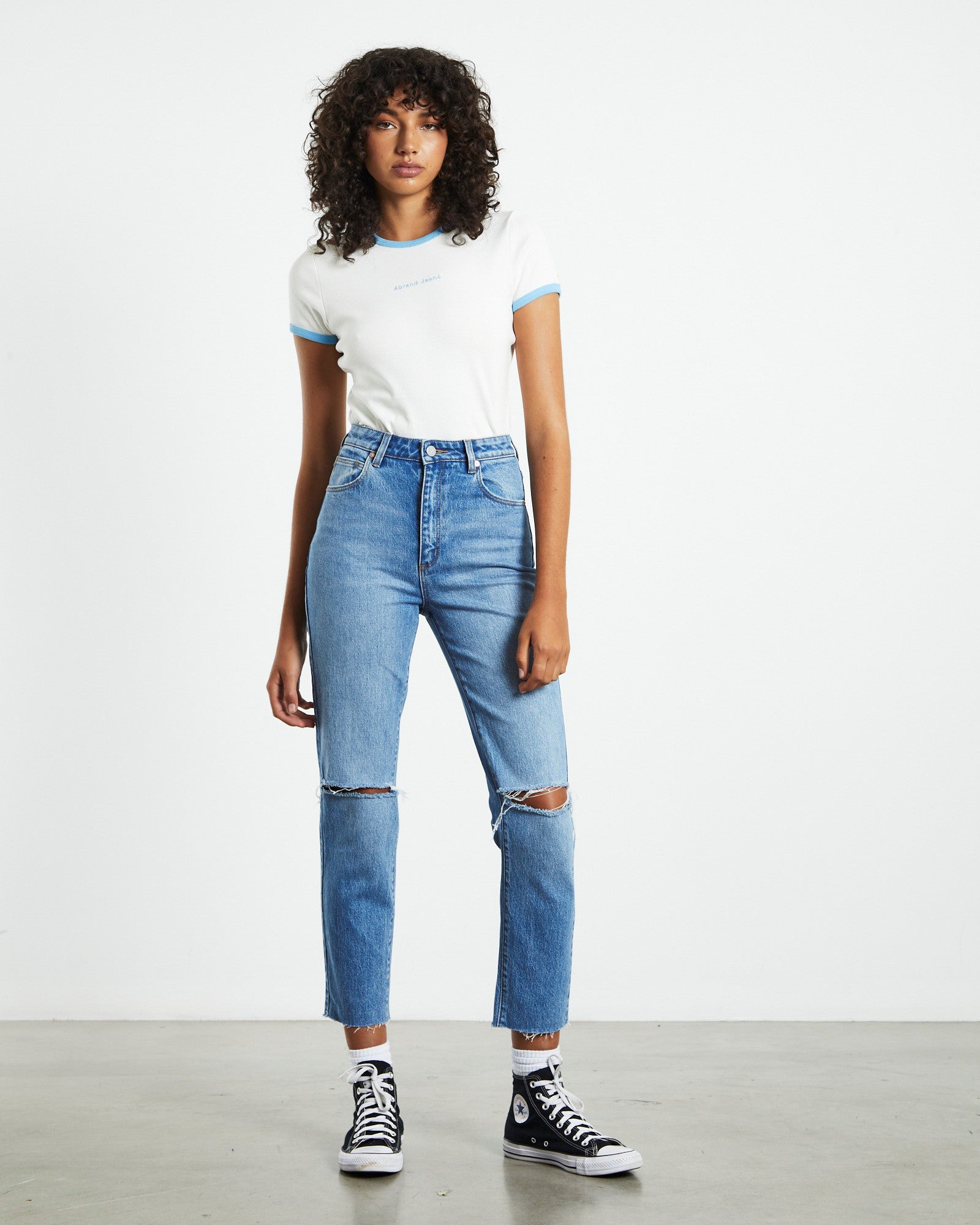 Premium A 94 High Rise Slim Leg Ripped Jeans in Mila Organic Blue
