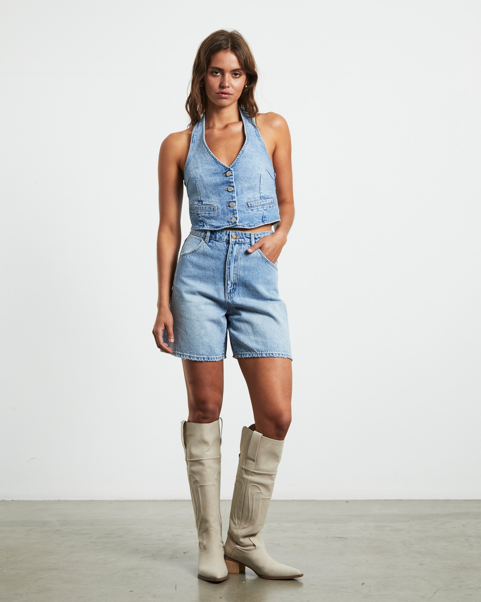 Premium Halter Denim Vest in Bessette Blue - Upgrade Your Look
