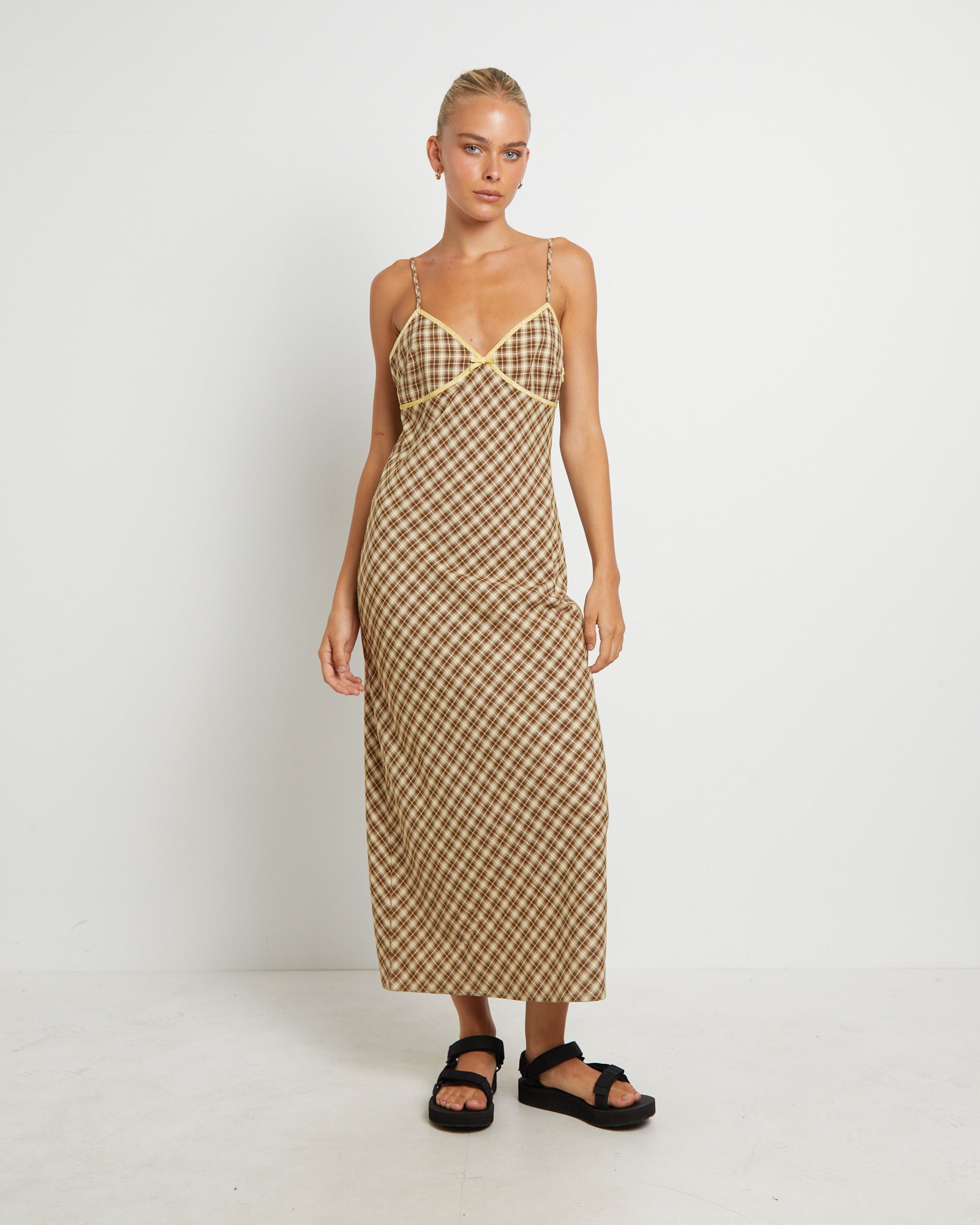 Premium Jenny Plaid Bias Midi Dress in Assorted
