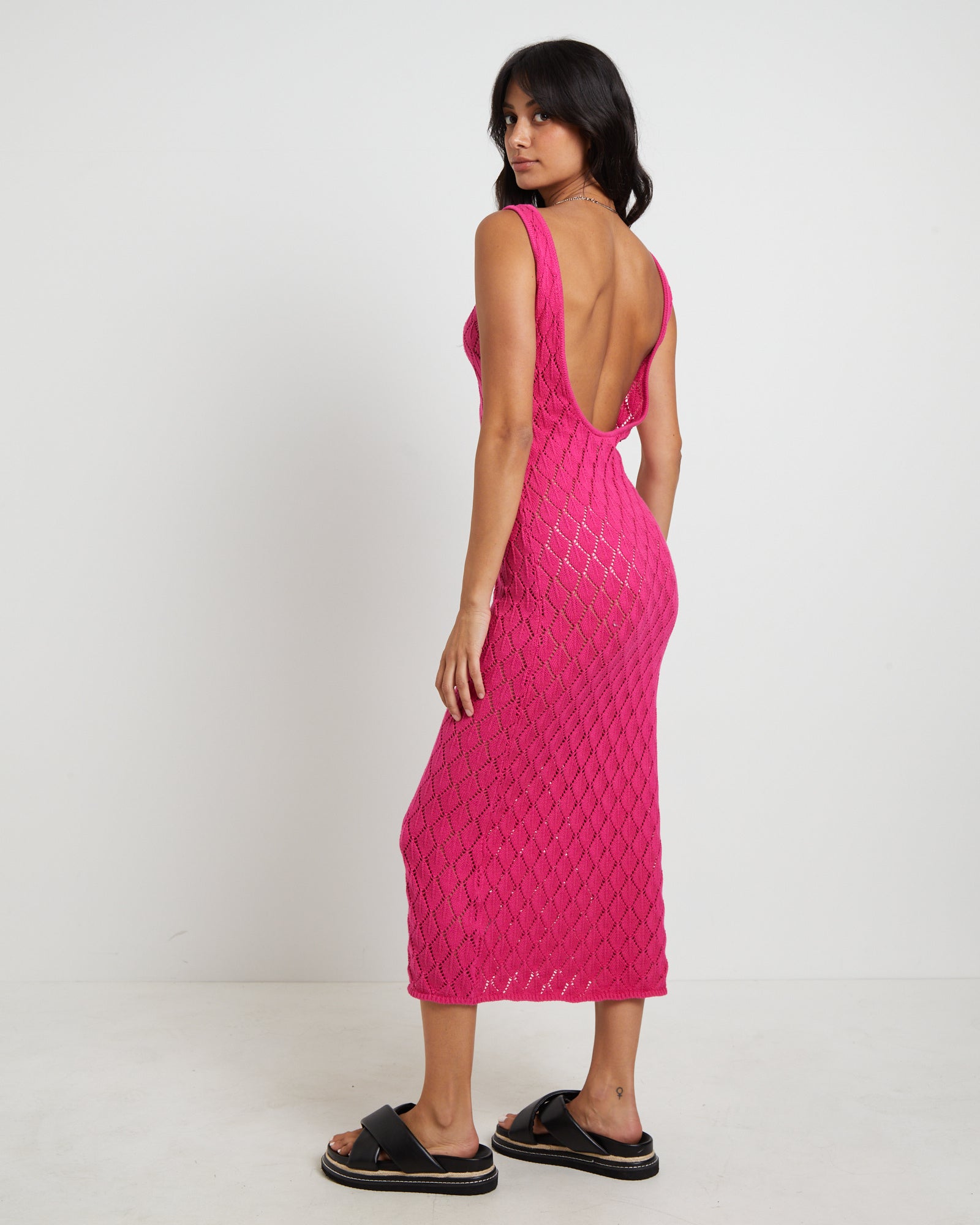 Premium Pink Bodie Crochet Midi Backless Dress