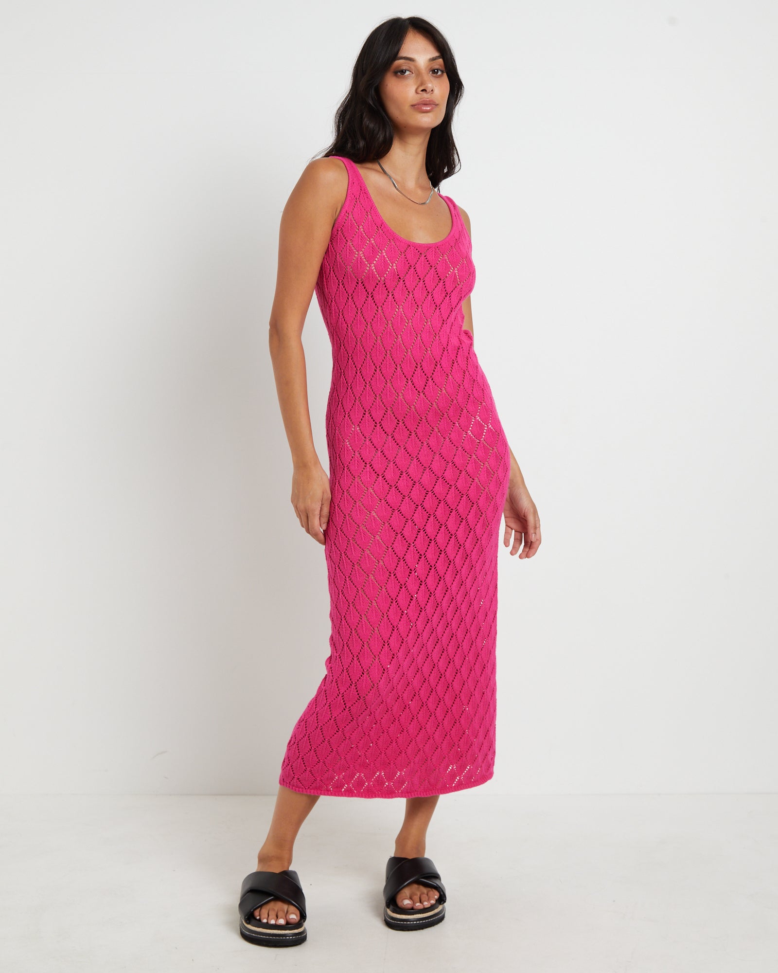 Premium Pink Bodie Crochet Midi Backless Dress