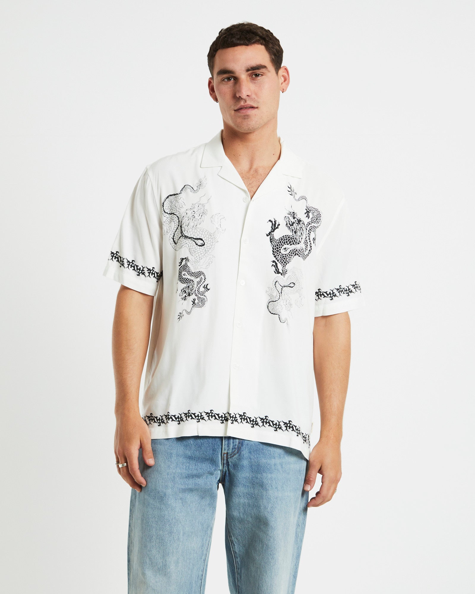Premium White Dragon Print Resort Shirt