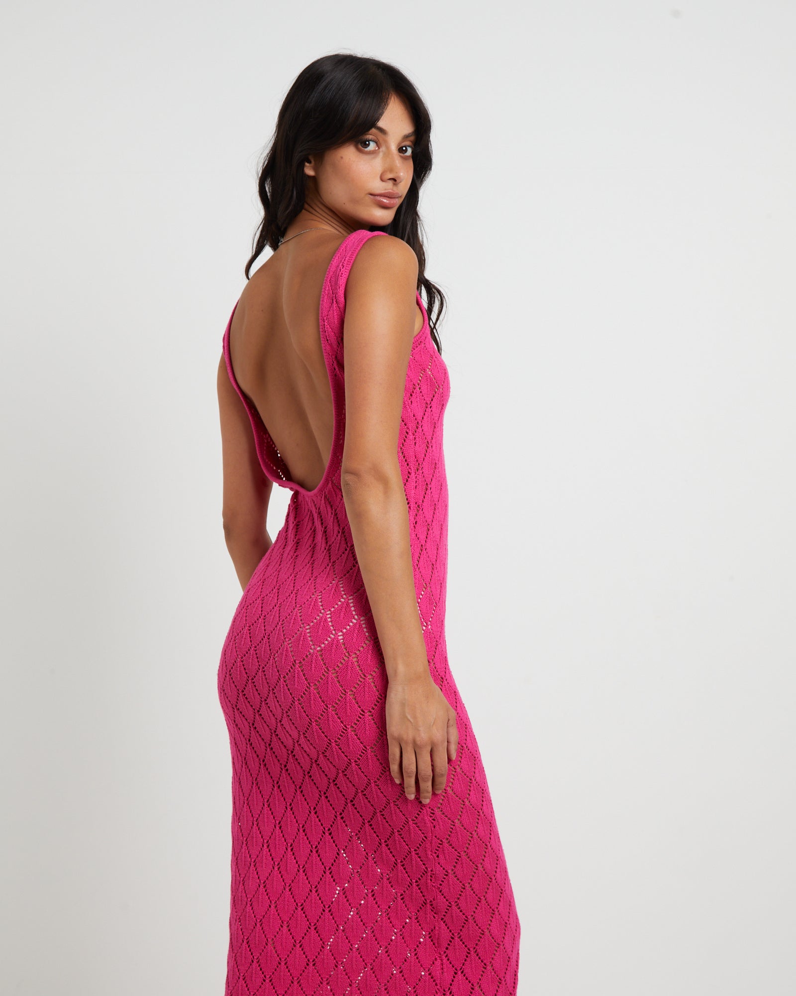 Premium Pink Bodie Crochet Midi Backless Dress