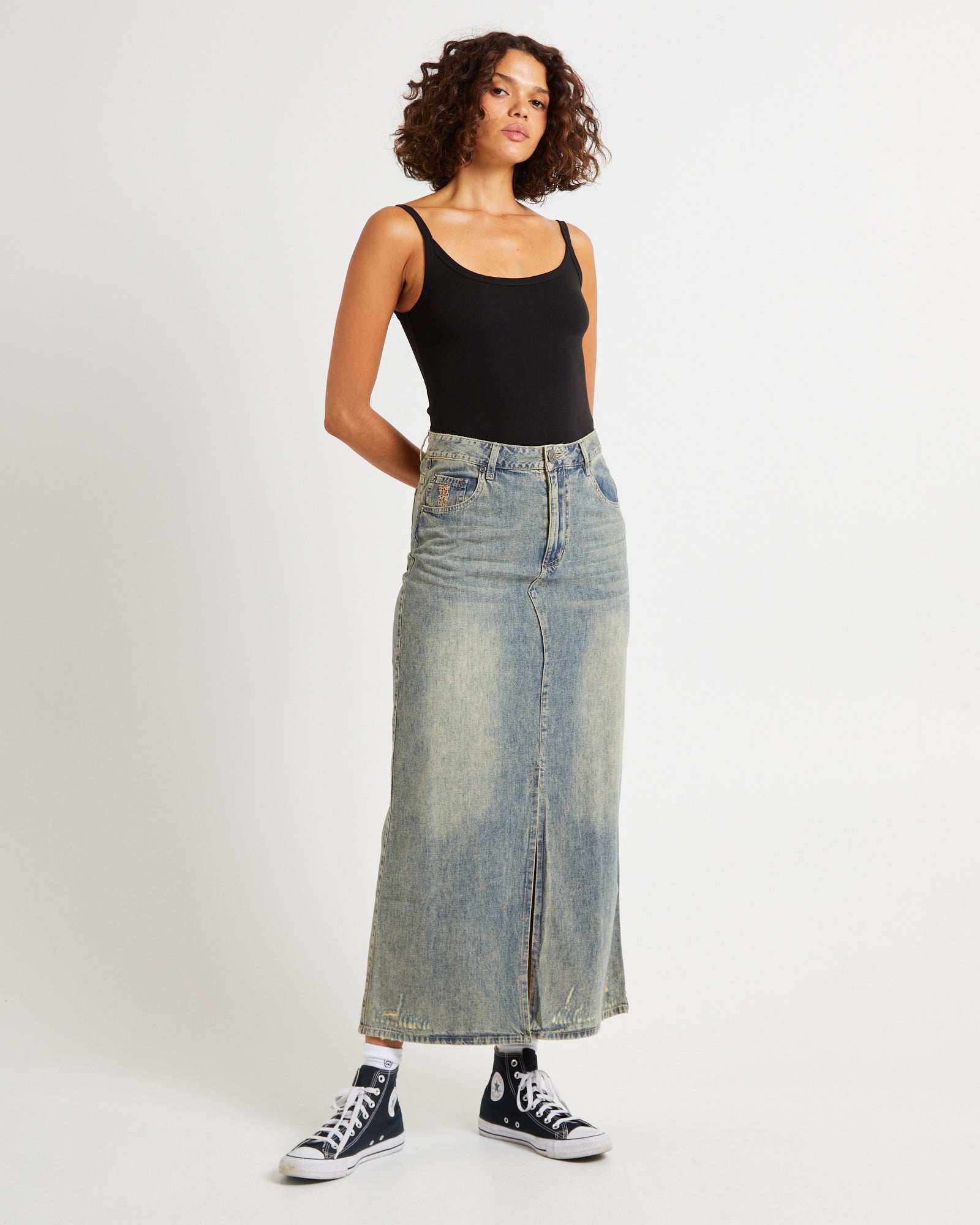 Premium High Waisted Distressed Denim Column Skirt